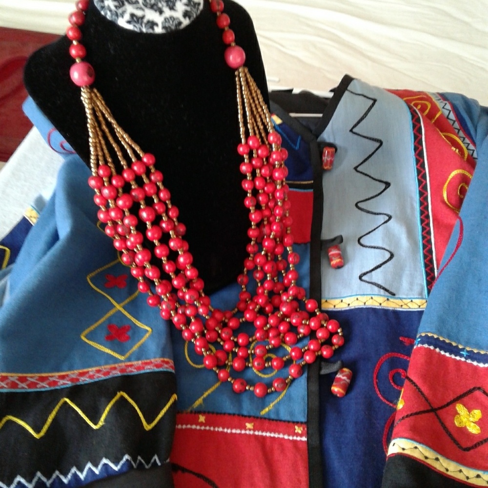 INDIGO MOON jacket and a beautiful red beaded necklace